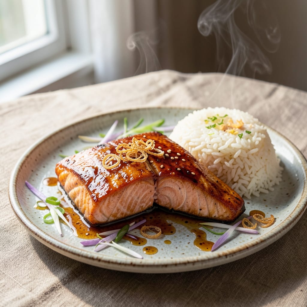 Asian Salmon and Rice Recipe: Ginger-Lime Glaze With Flaky Fish