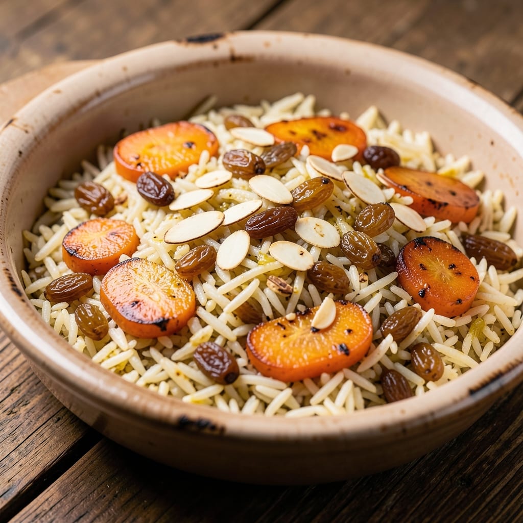Afghani Carrots and Raisins Rice Recipe: Fragrant Saffron-Spiced Pilaf with Toasted Almond Crunch