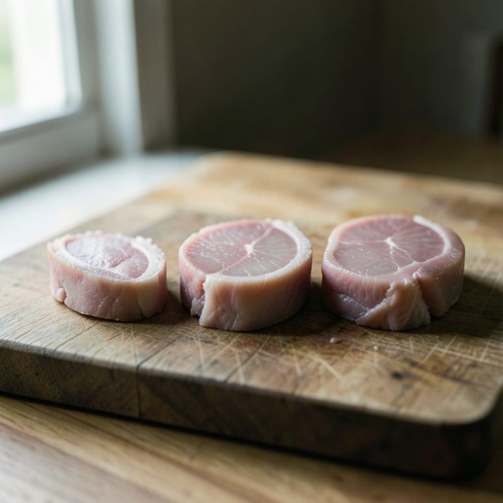Three chops of different thickness, ready to be tested