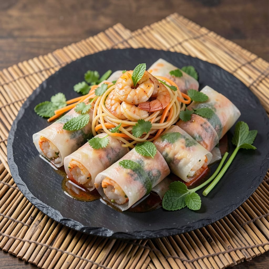 Asian Rice Paper Rolls Recipe: Fresh Herb and Shrimp Wraps With Crunchy Noodle Bites