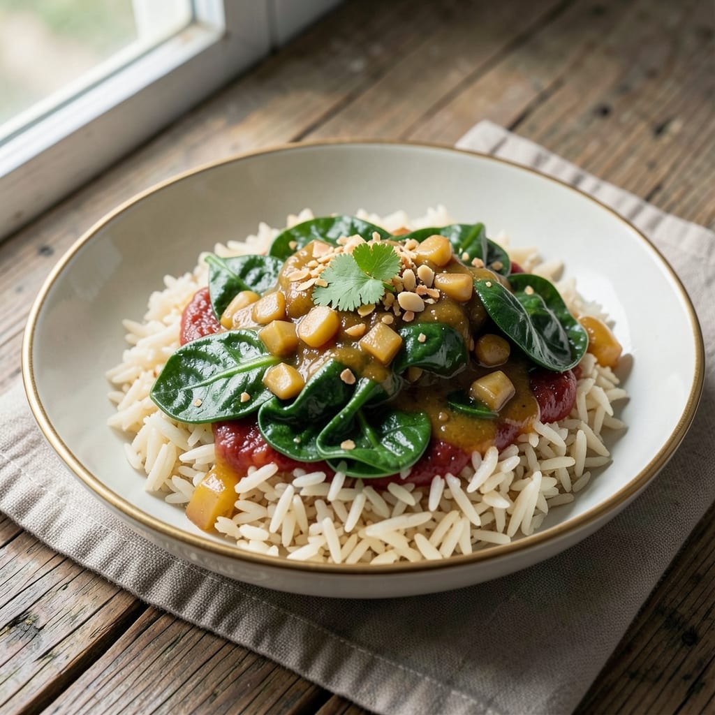 African Spinach and Rice Recipe: Bold Peanut Butter and Tomato Harmony